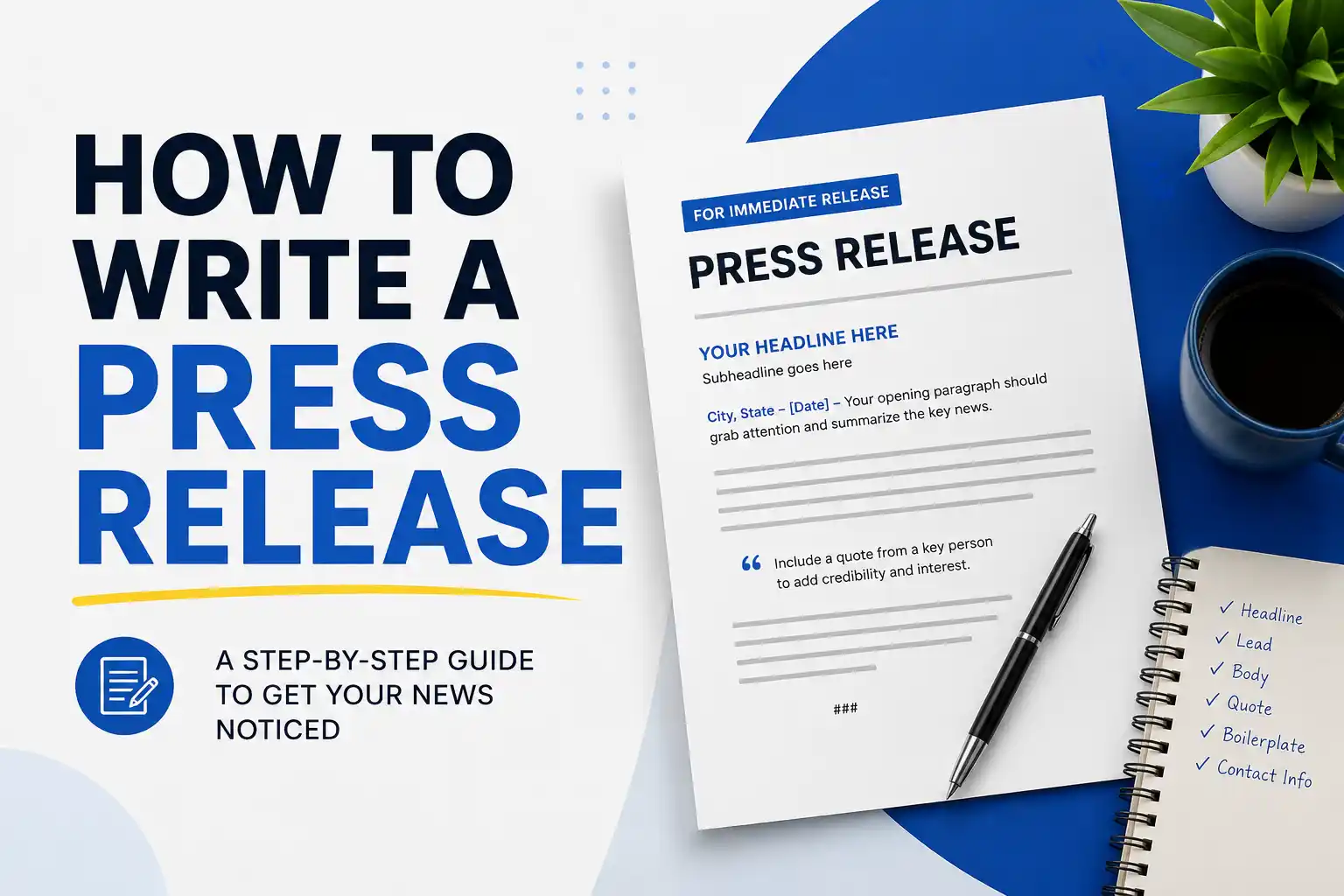 Press release document with media contacts and pen on a desk