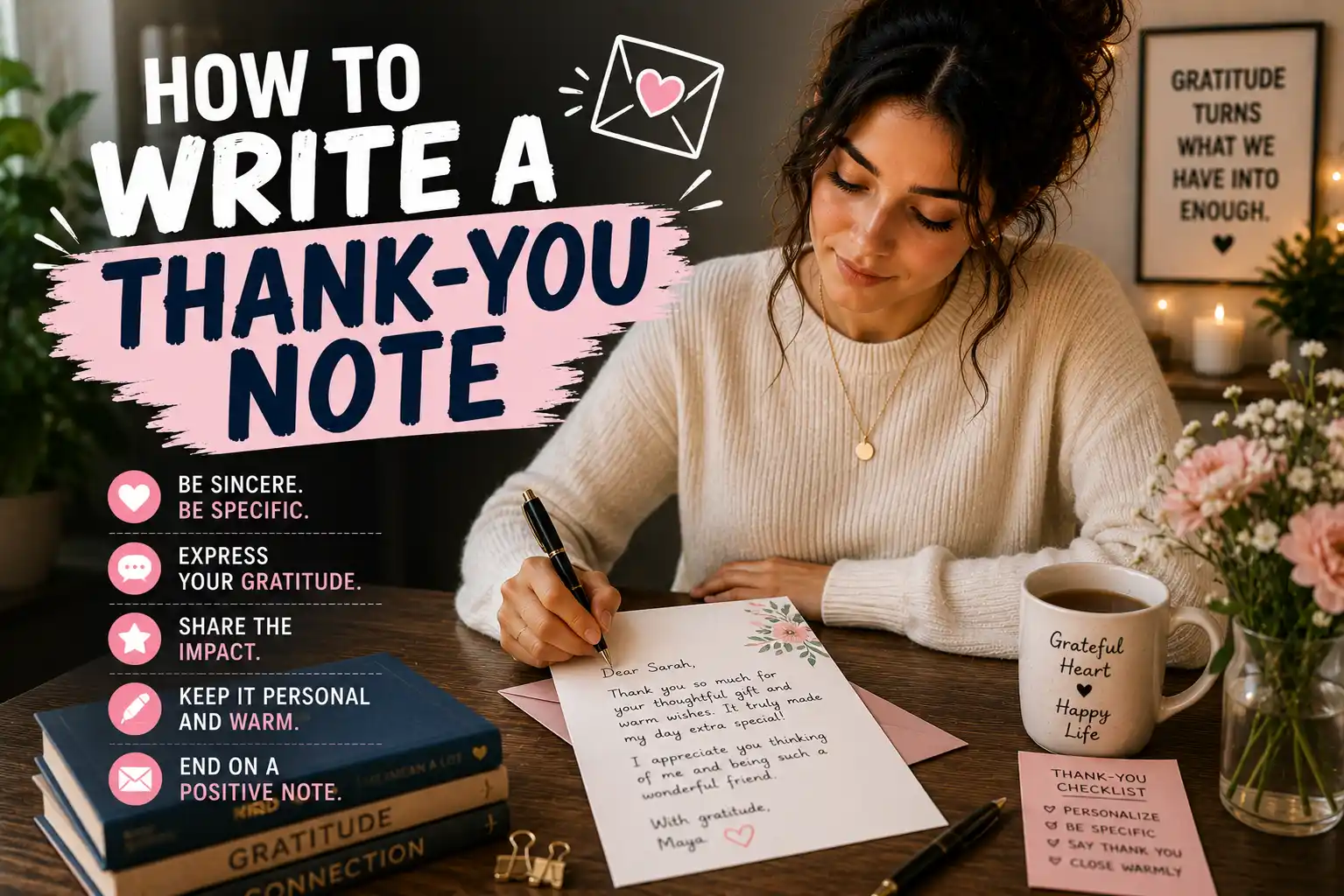Handwritten thank you note with a pen and flowers