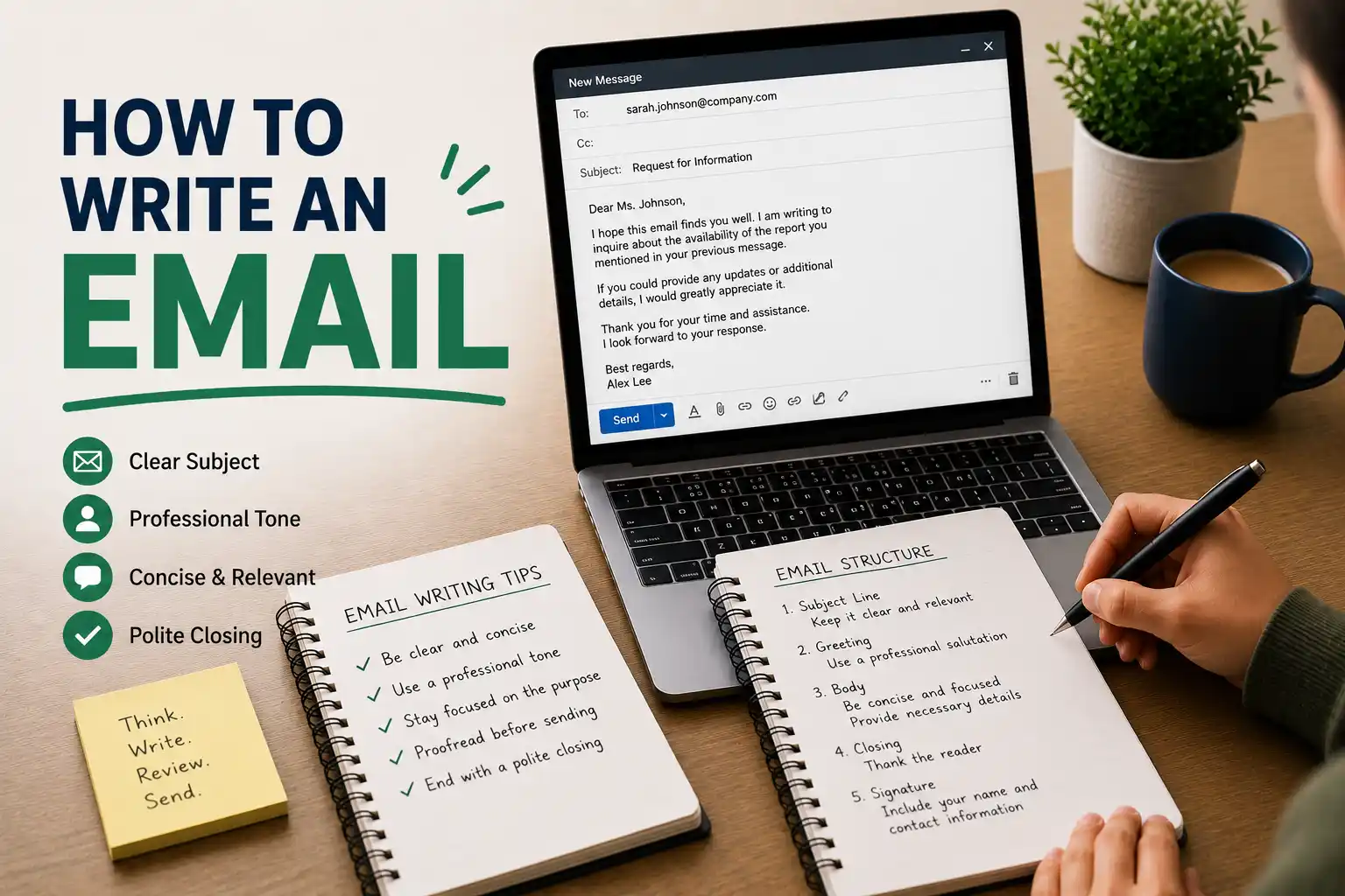 Person composing a professional email on a laptop