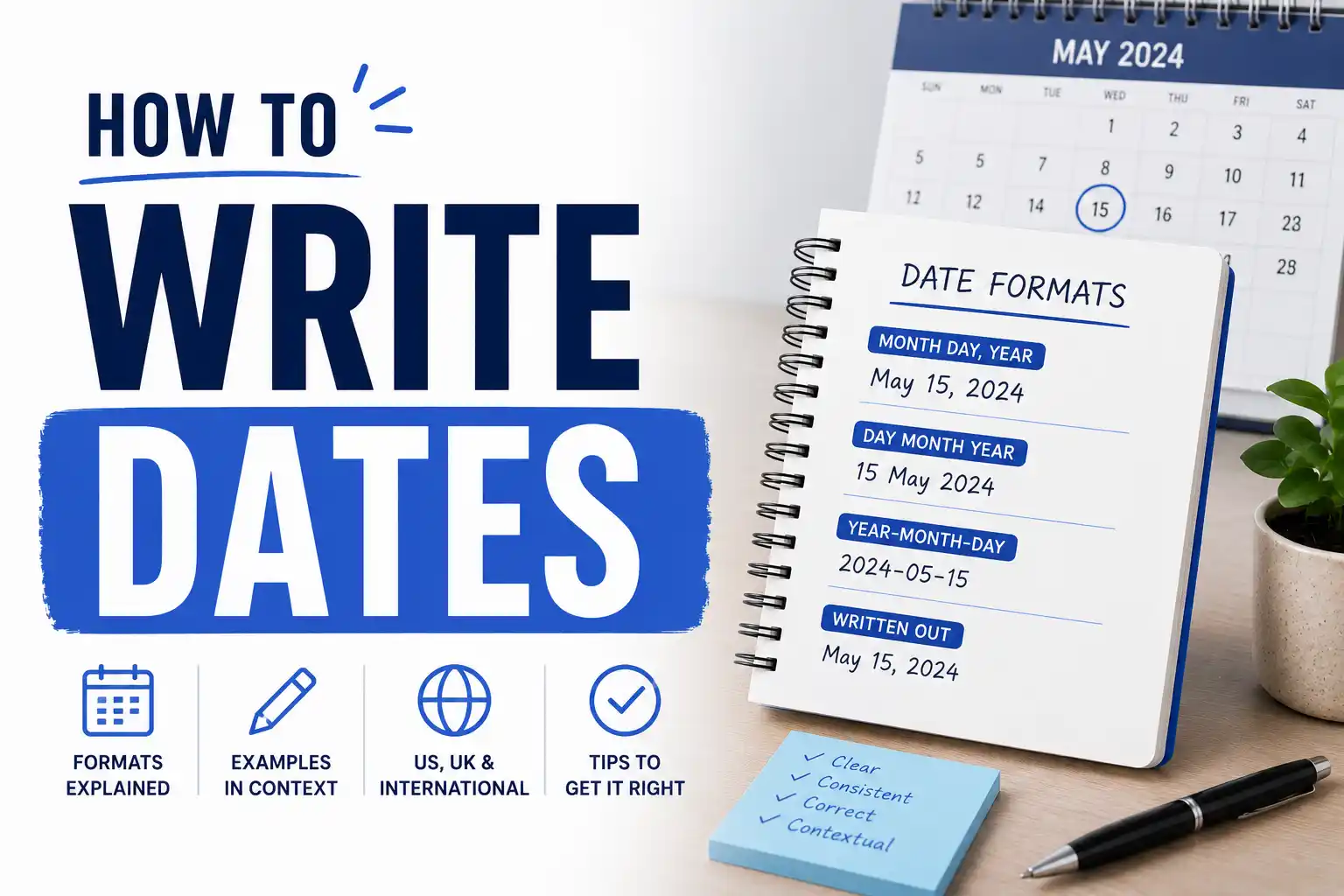 Calendar pages with different date formats and a pen