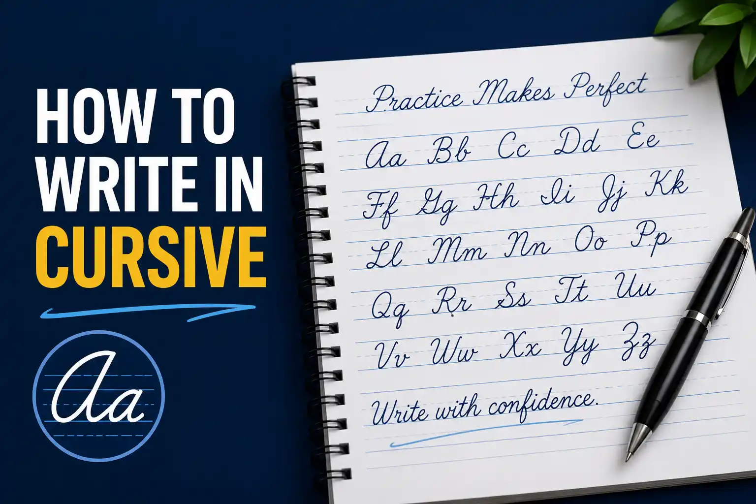 Cursive handwriting example with pen and paper