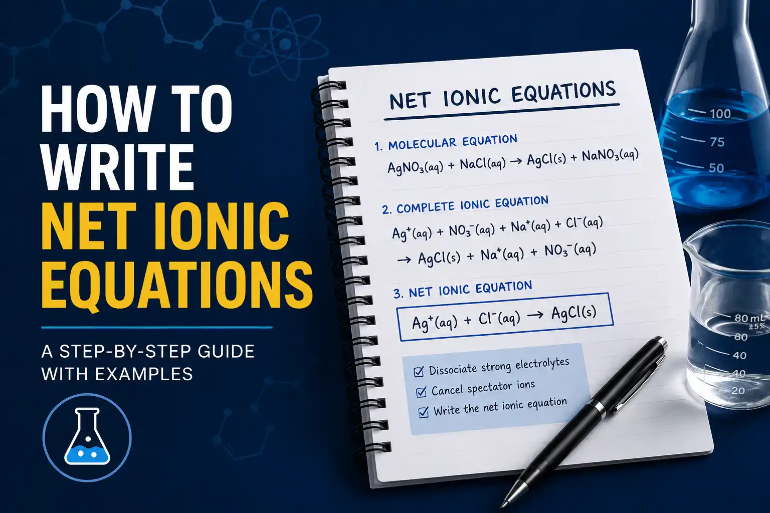Net ionic equation written on a chalkboard with chemical formulas