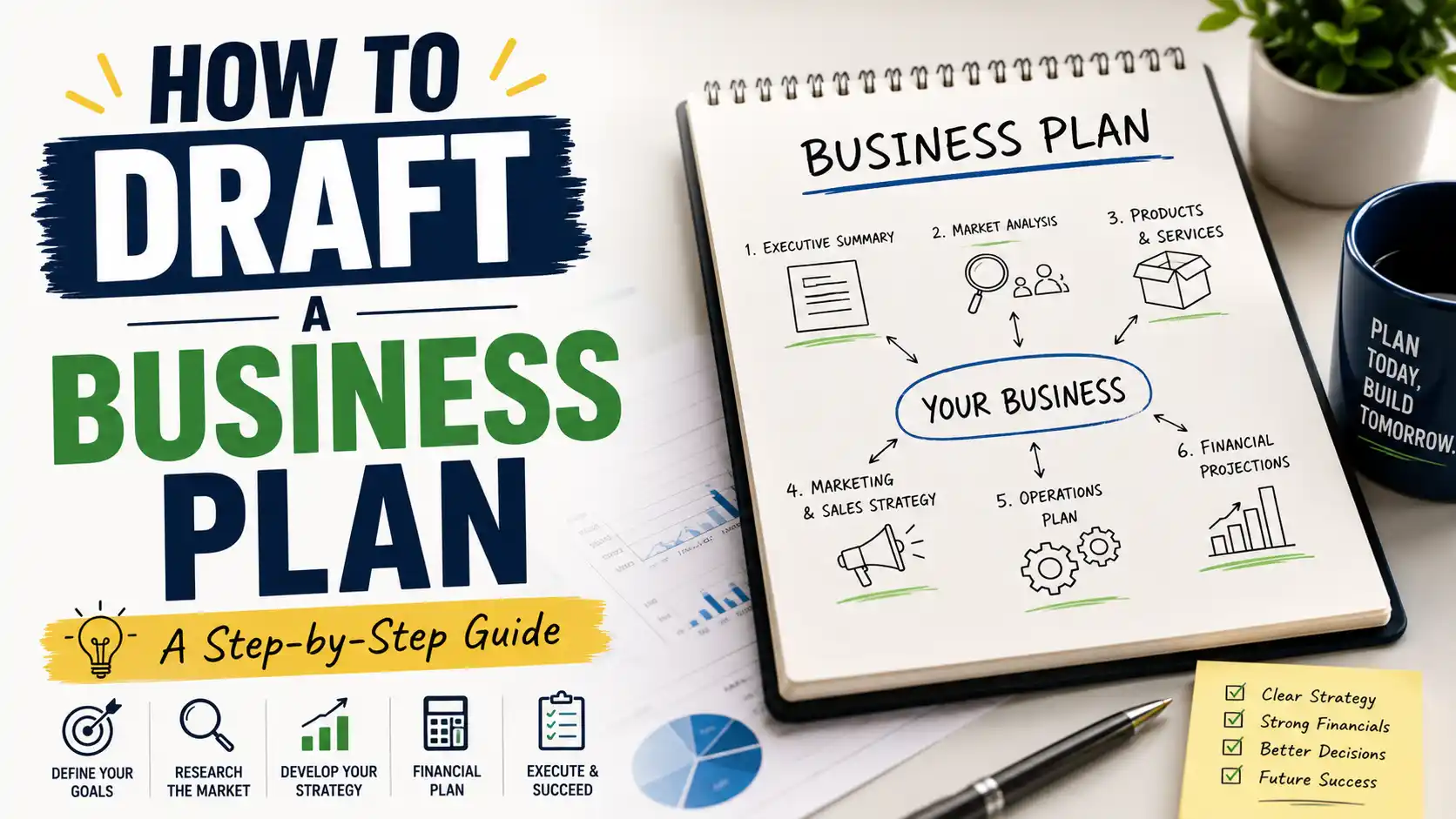 Business plan document with charts, graphs, and a laptop