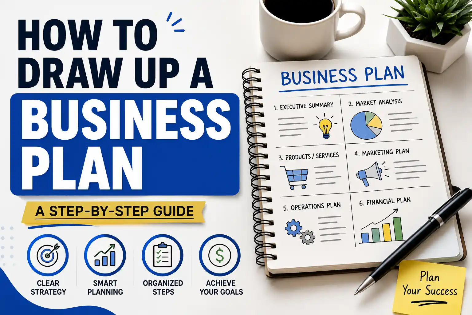 Business plan document with charts, graphs, and a calculator on a desk