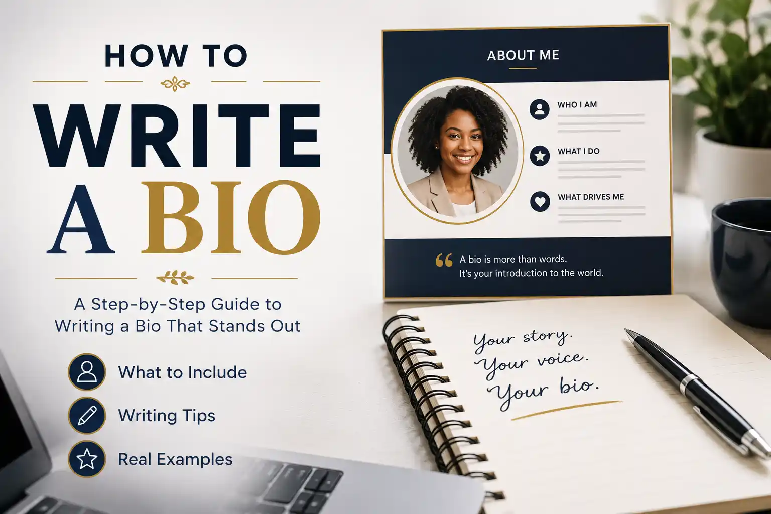 Person writing a bio with a pen, surrounded by profile icons and personal information