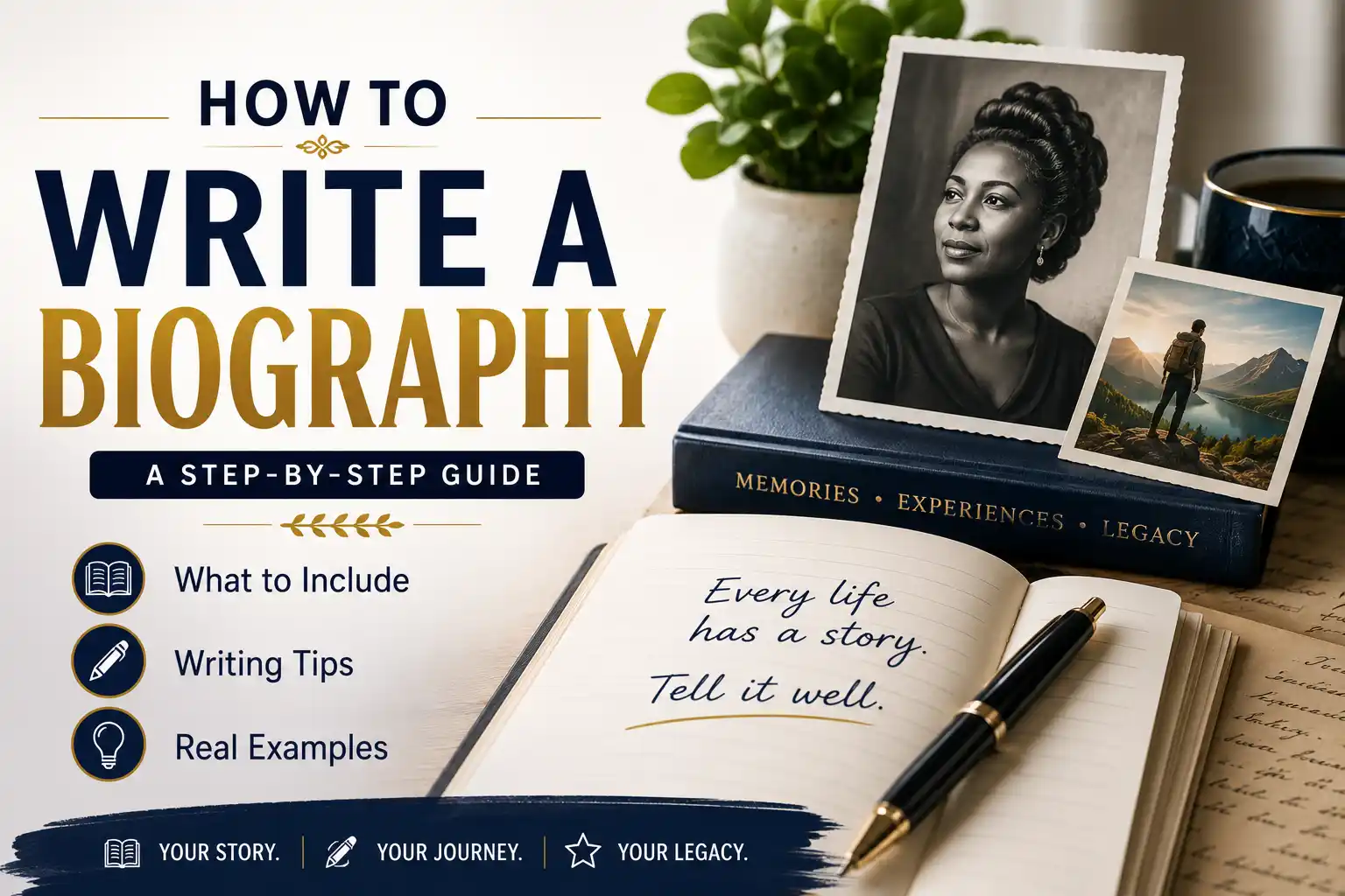 Open biography book with a pen, photos, and notes scattered around