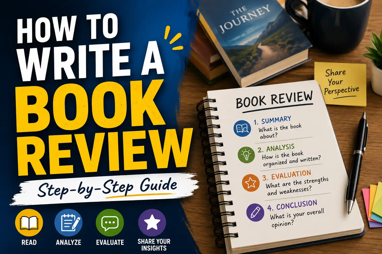 Open book with review notes, pen, and coffee cup
