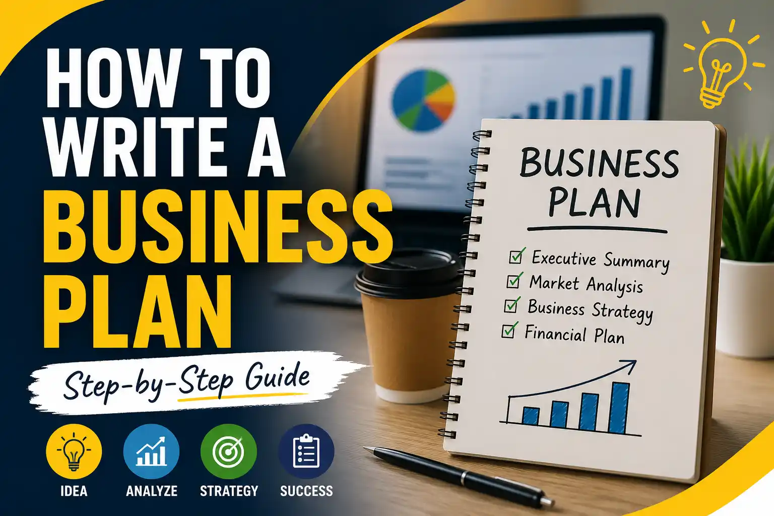 Business plan document with graphs, charts, and a pen on a desk