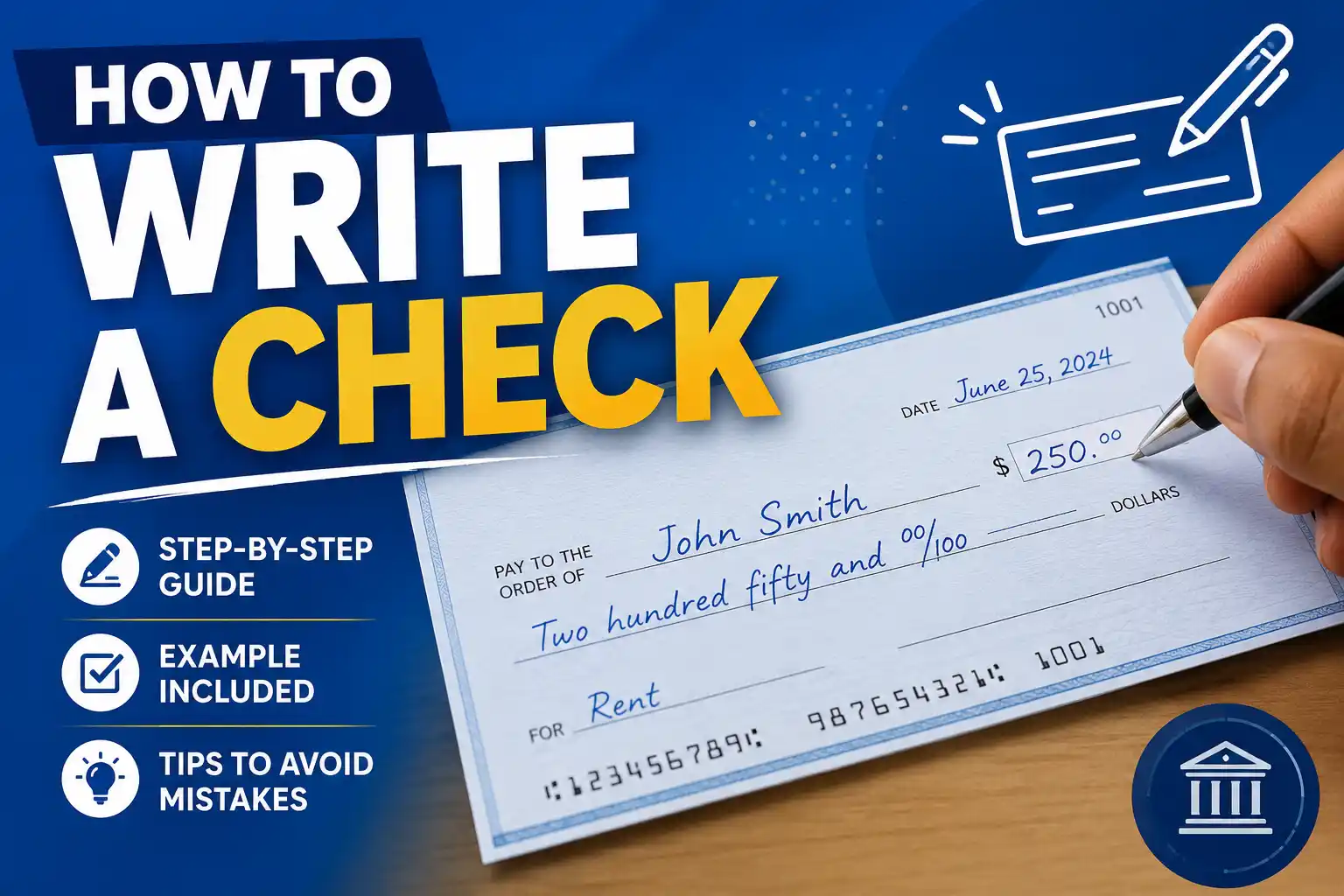 Person writing a check with a pen, surrounded by banking items
