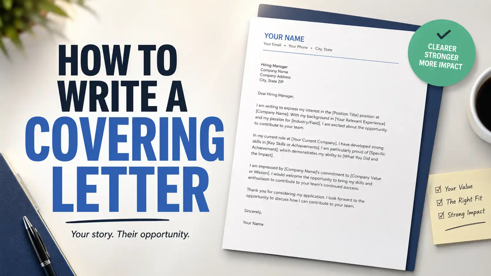 Covering letter with pen and job application materials on a desk