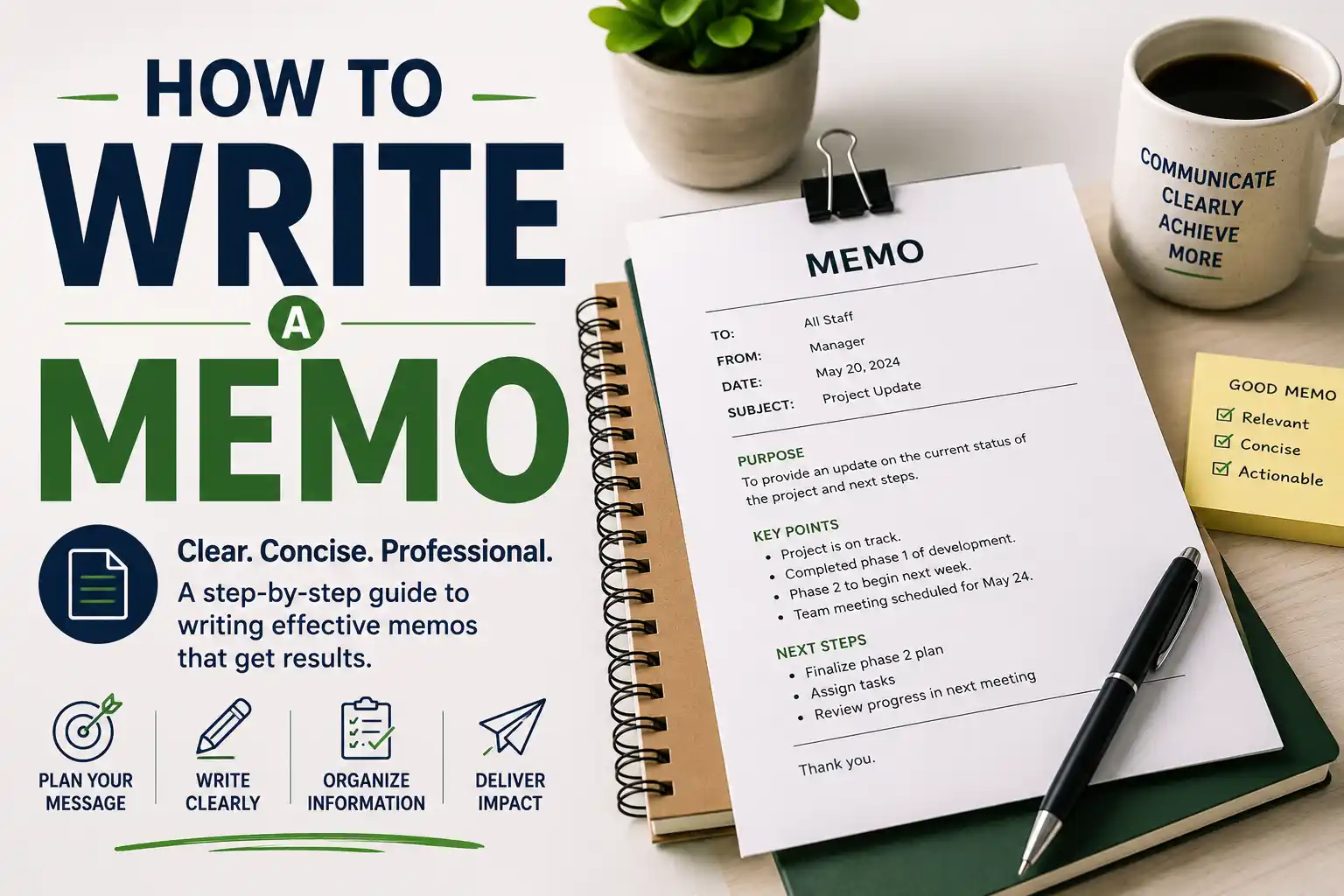 Memo document with pen and office supplies on a desk