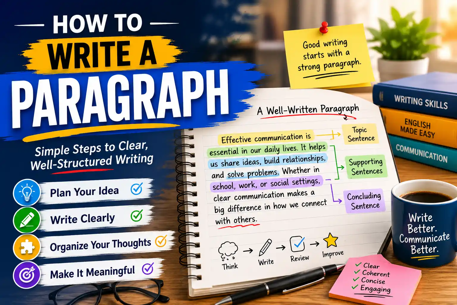 Open notebook with a pen, showing a well-structured paragraph with highlighted topic sentence, supporting details, and concluding sentence