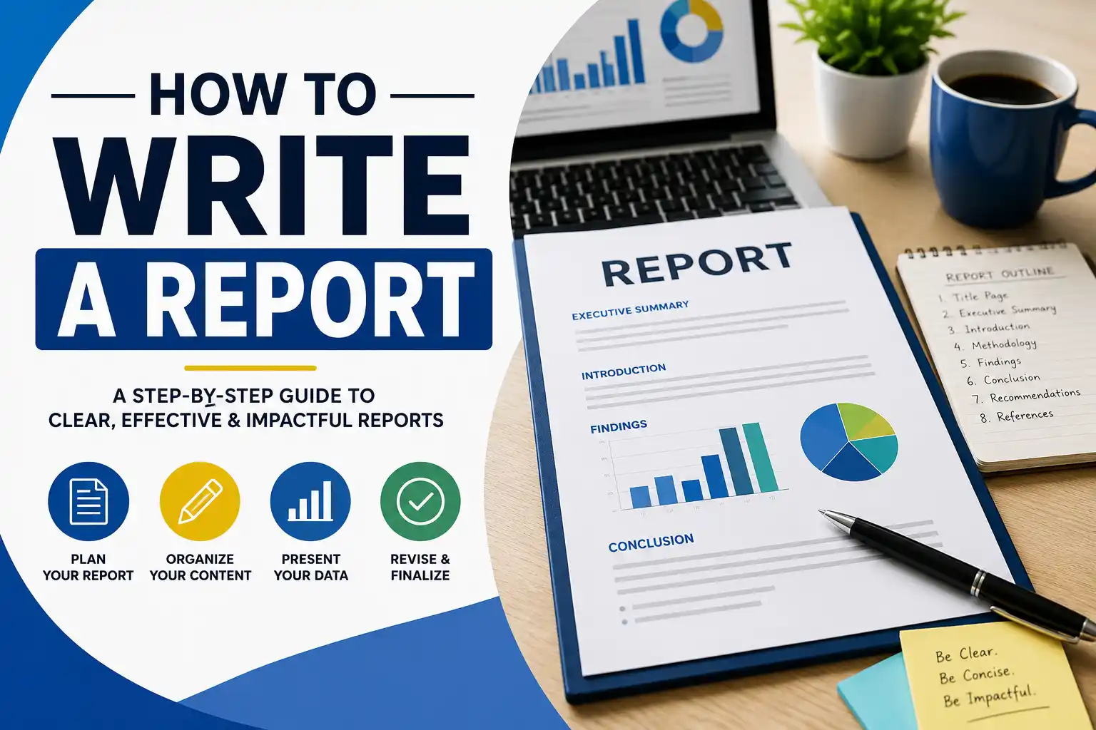 Report document with charts, graphs, and a pen