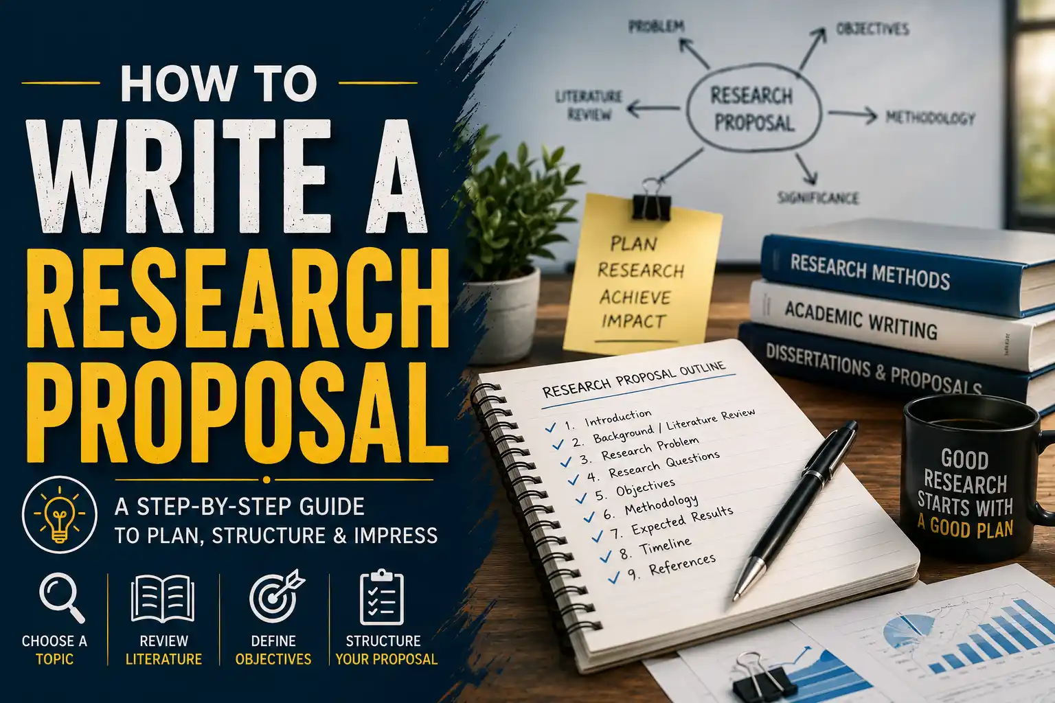 Research proposal document with notes, a magnifying glass, and academic books