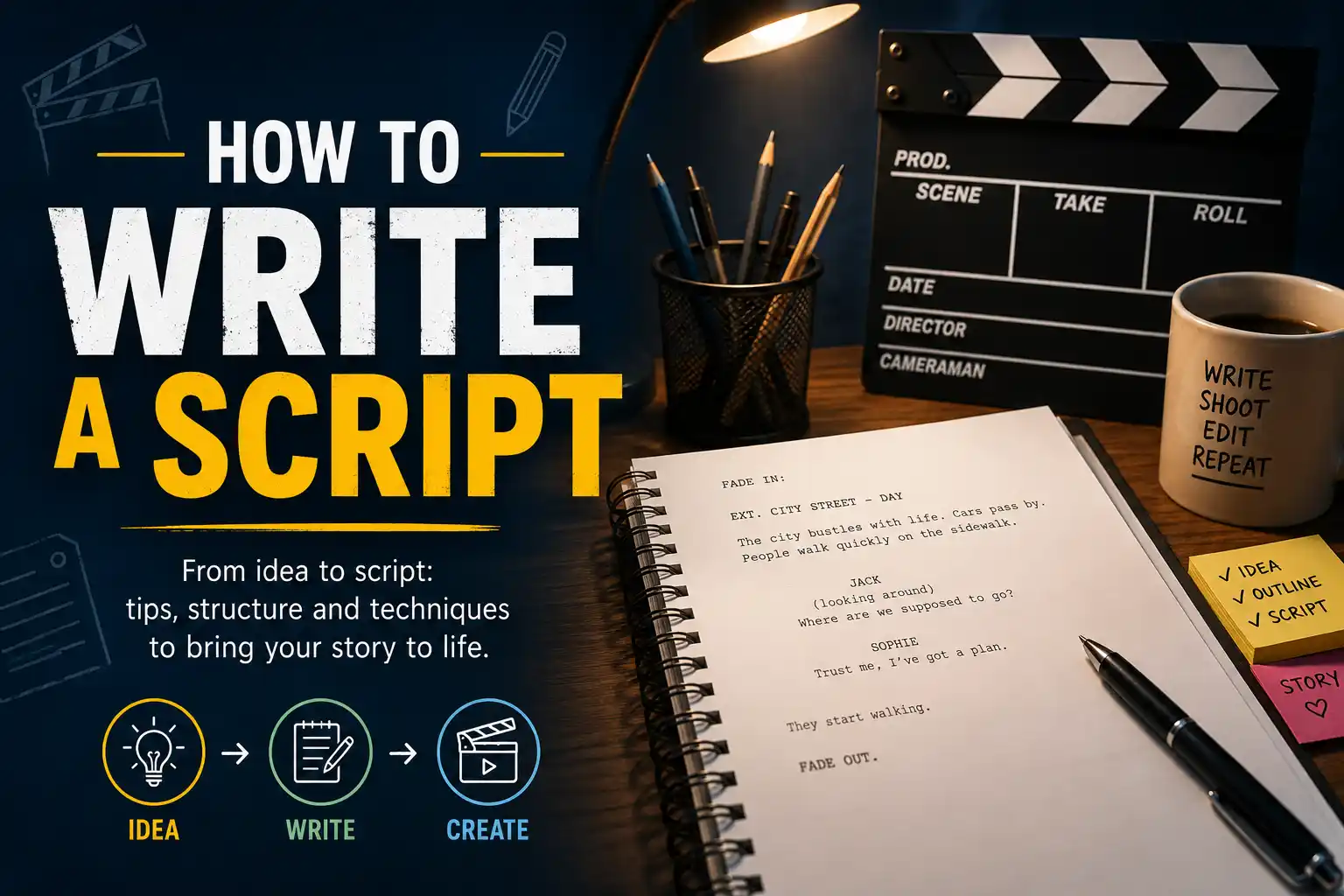 Script pages with a pen and clapperboard