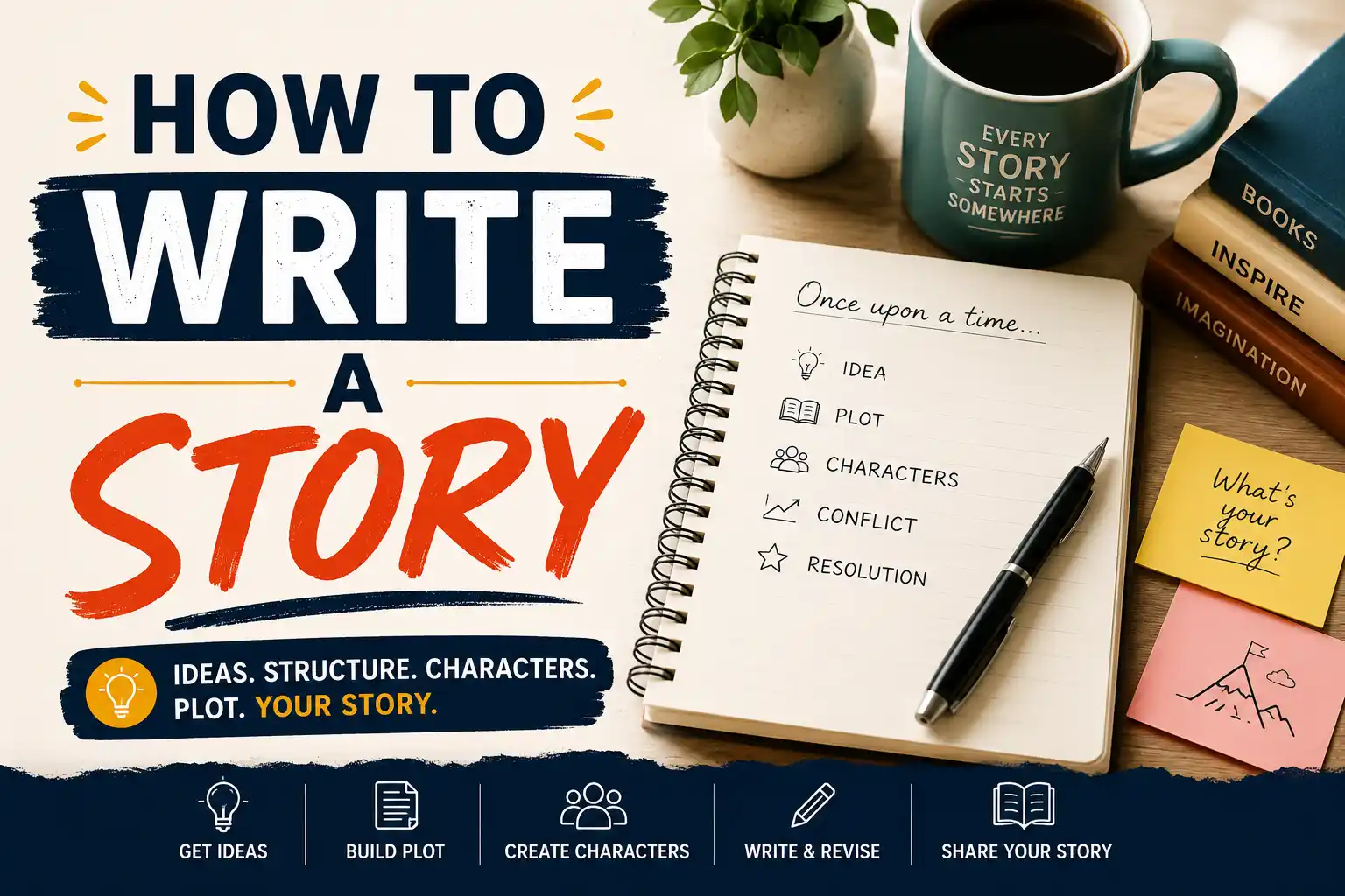 Open notebook with a pen, surrounded by story elements like characters, plot points, and settings