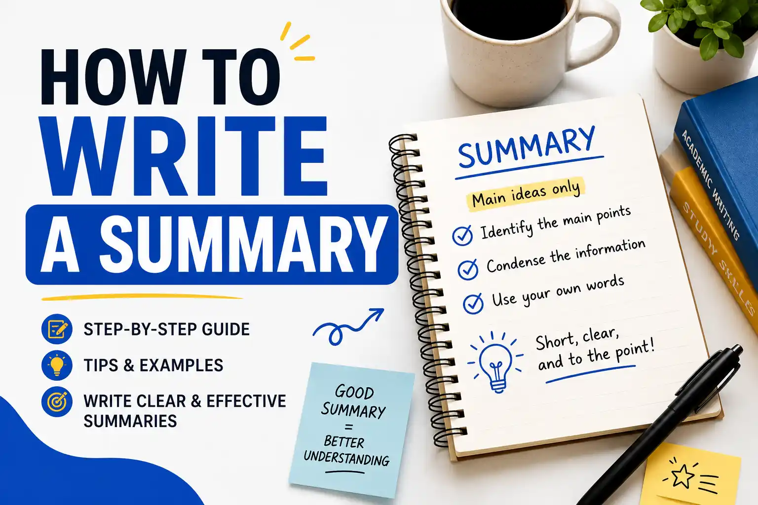 Summary document with highlighted key points and a magnifying glass