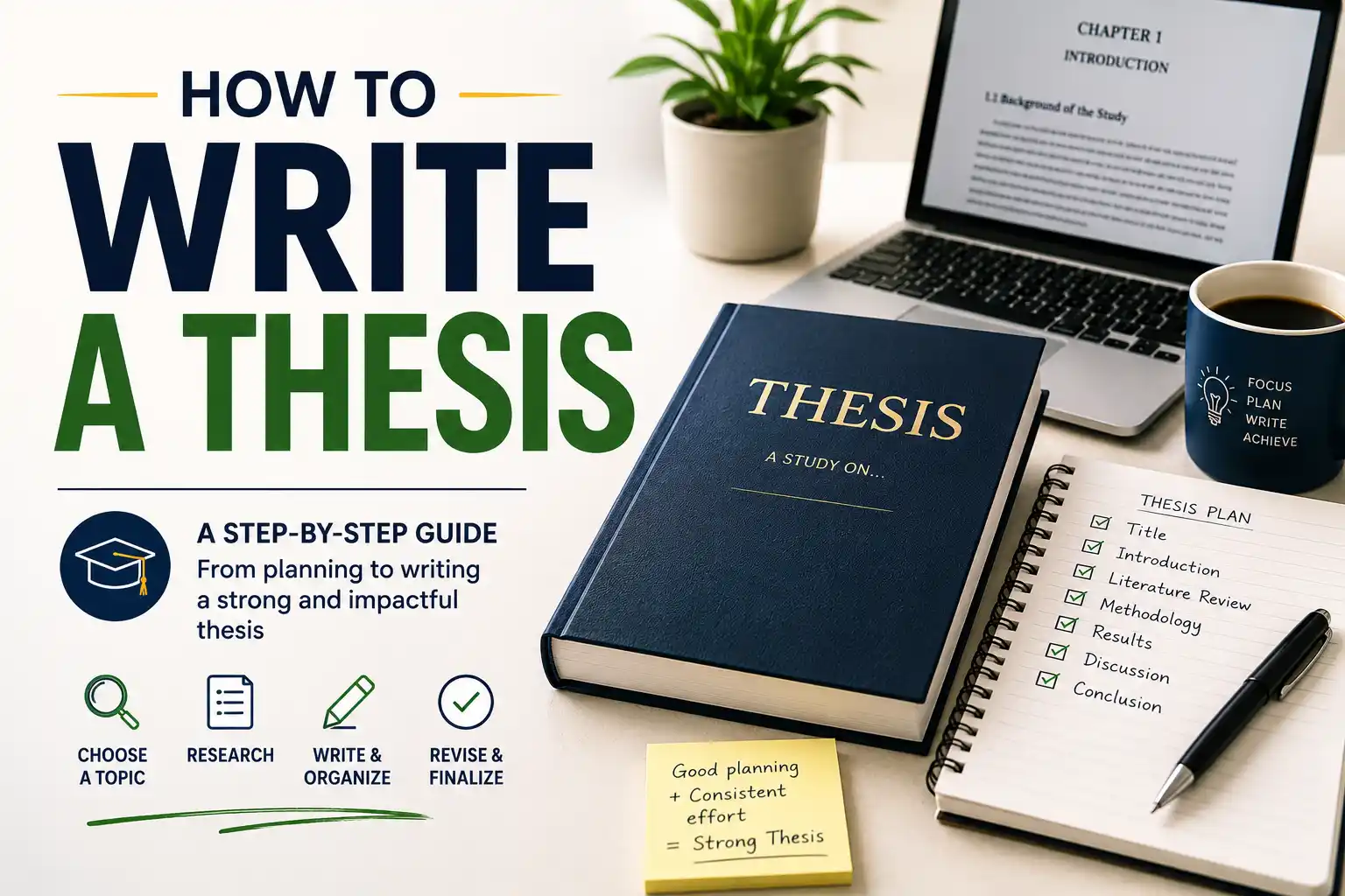 Thesis document with academic notes, books, and a graduation cap