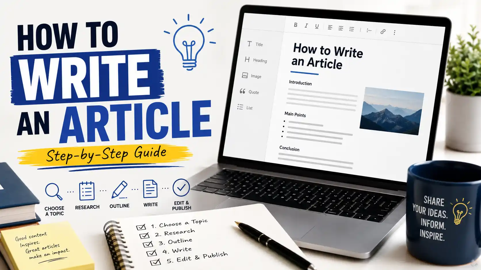 Person writing an article on a laptop with notes and a coffee cup