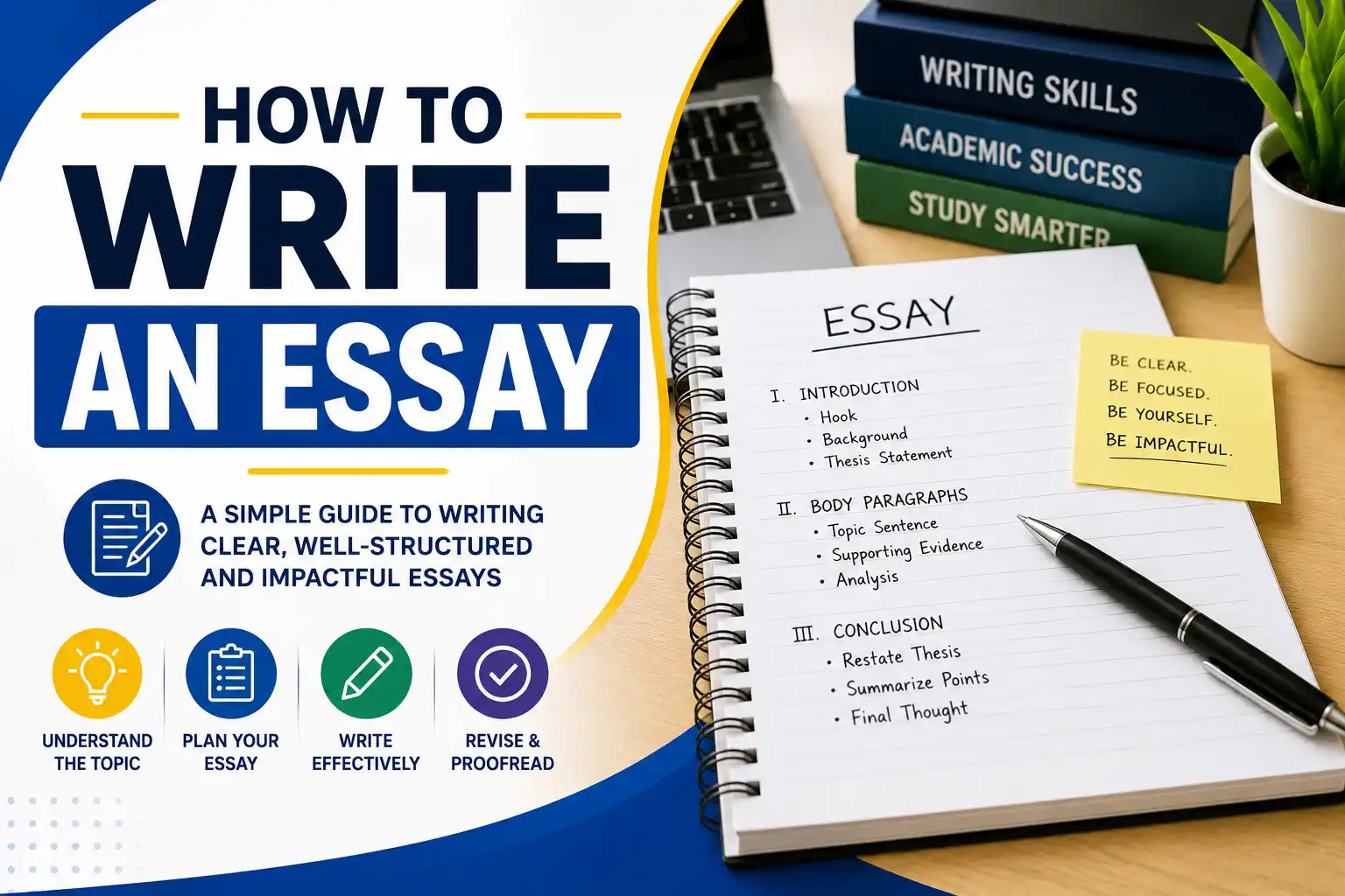 Open notebook with essay notes, pen, and highlighters on a desk