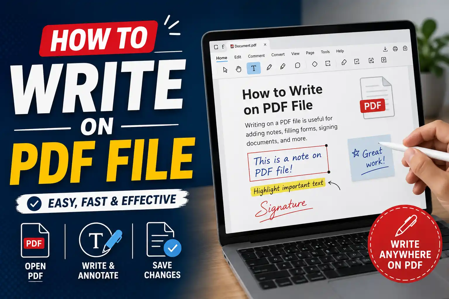 PDF document with annotation tools and a stylus pen