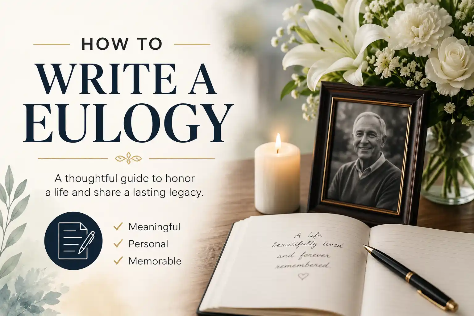 Person writing a eulogy with a pen and a photo of a loved one