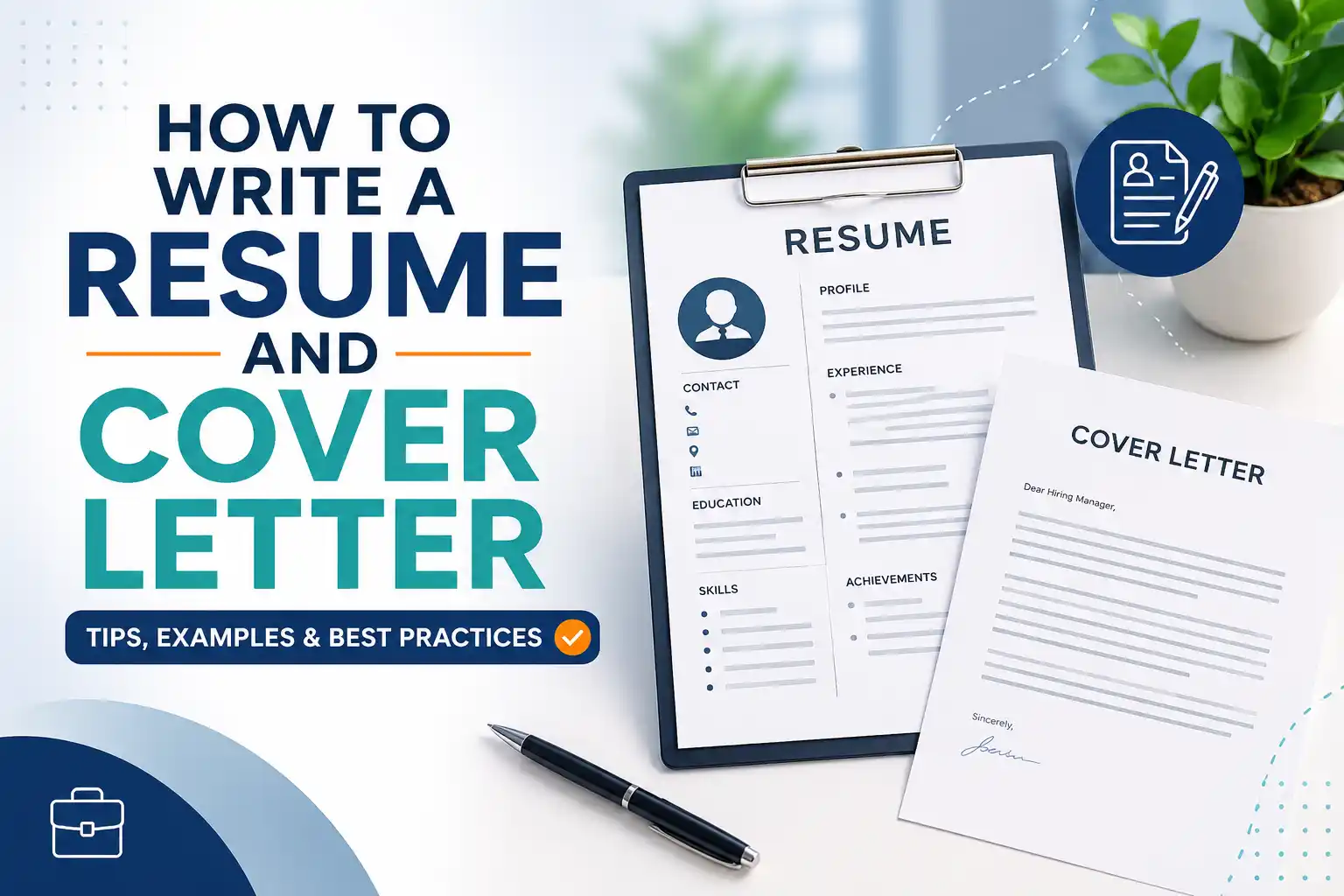 Resume and cover letter documents with pen and office supplies on a desk