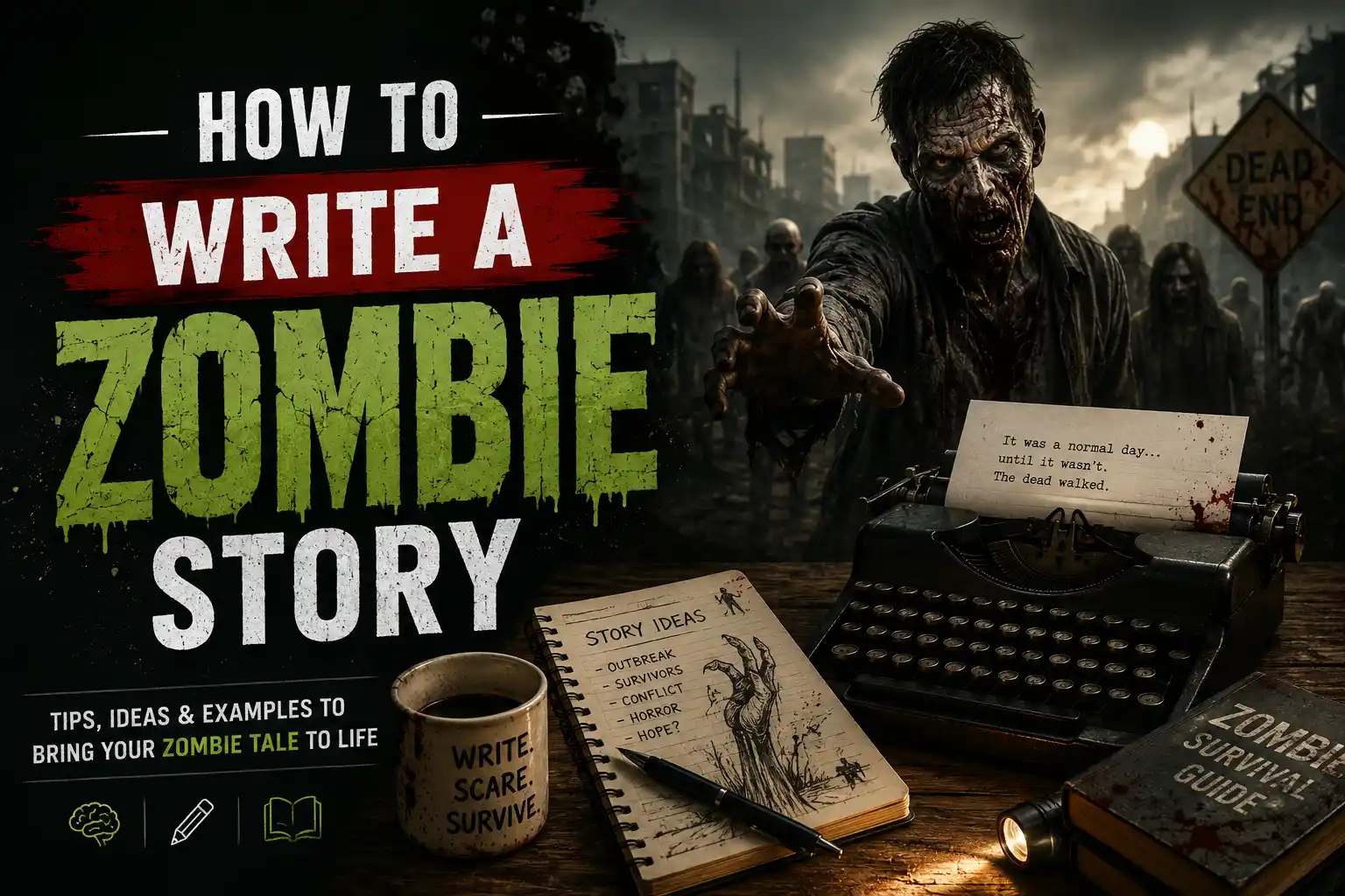 A person writing a zombie story with a typewriter and zombie silhouettes