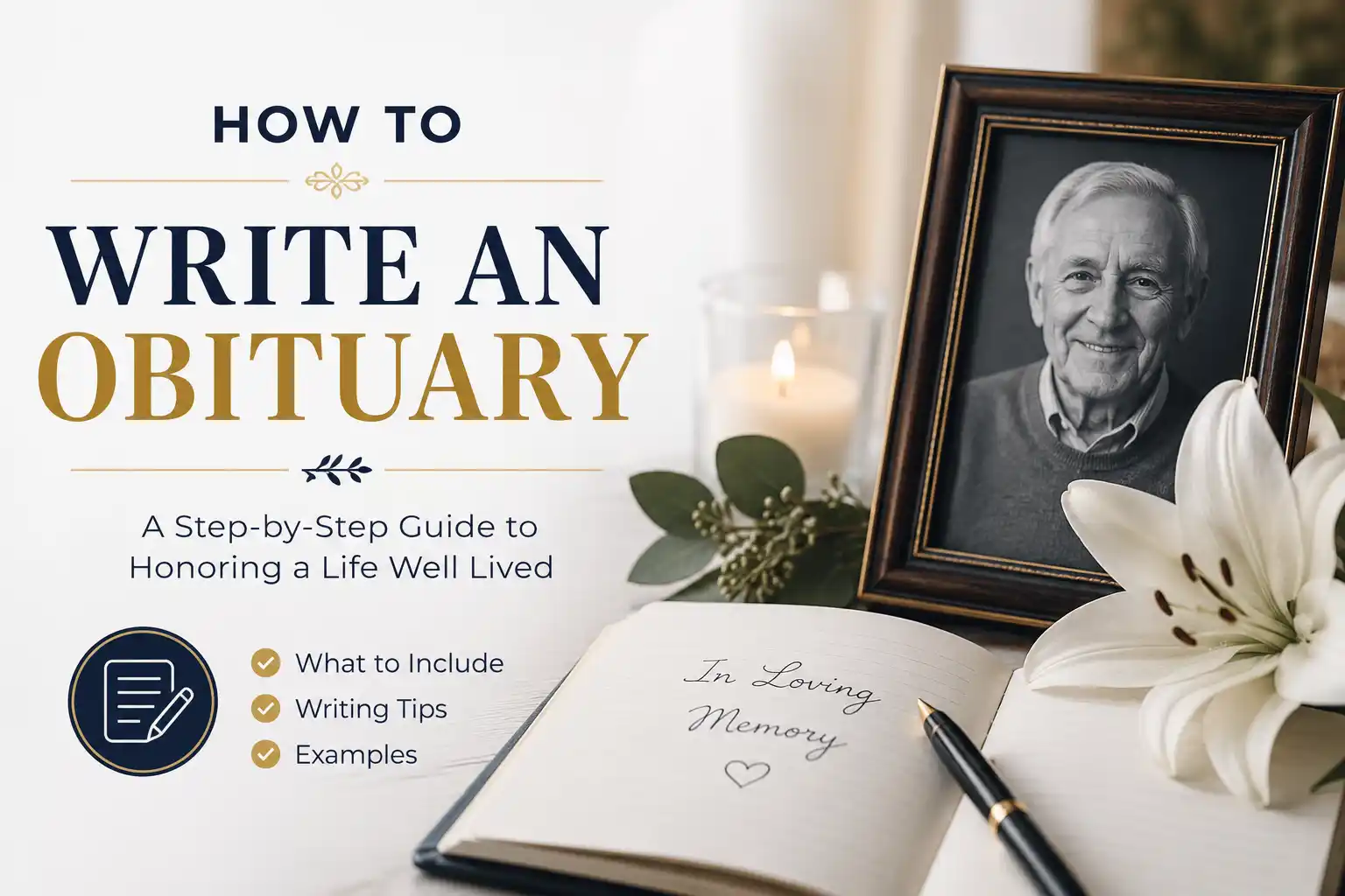 A handwritten obituary with a pen, flowers, and a candle