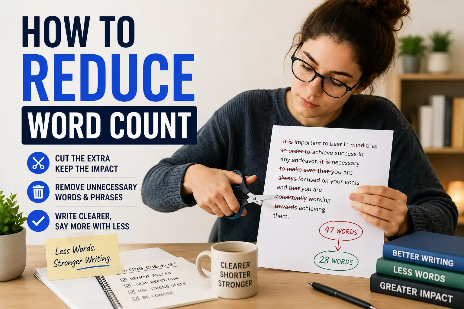 Person editing text with scissors cutting words, representing reducing word count