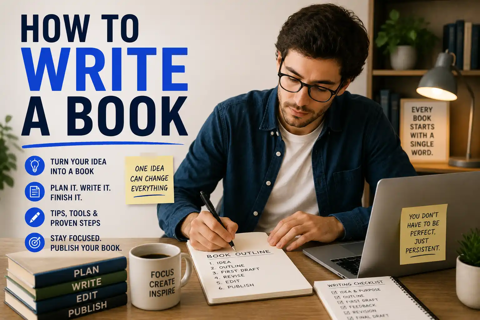 Person writing a book at a desk with laptop and notebook