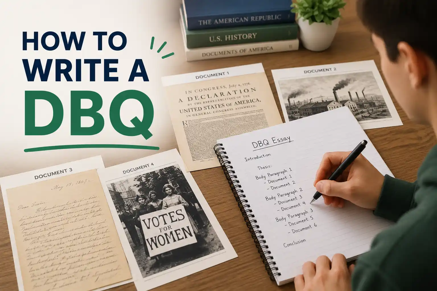 Student writing DBQ essay with historical documents spread on desk
