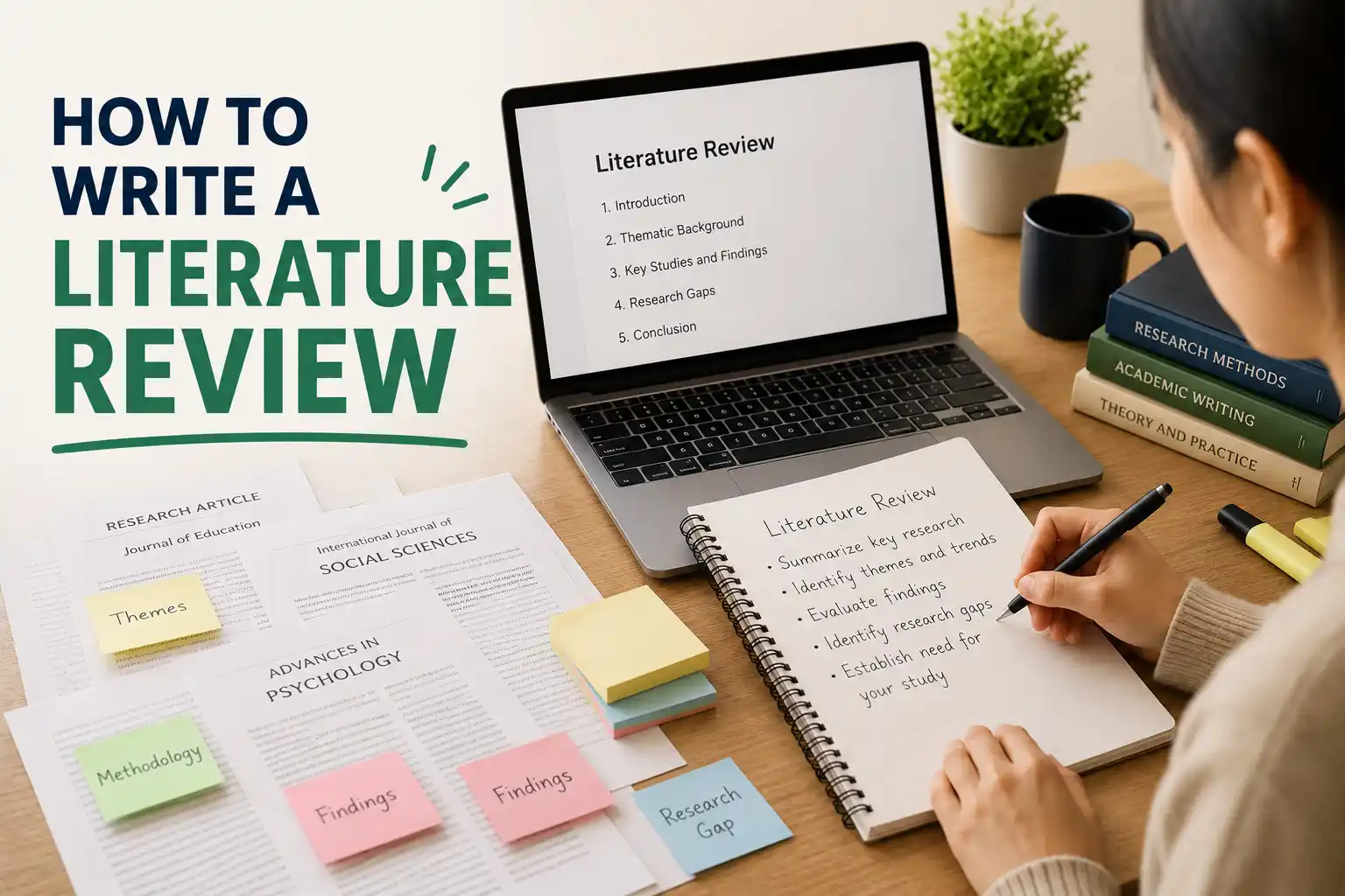 Student organizing research papers and writing a literature review