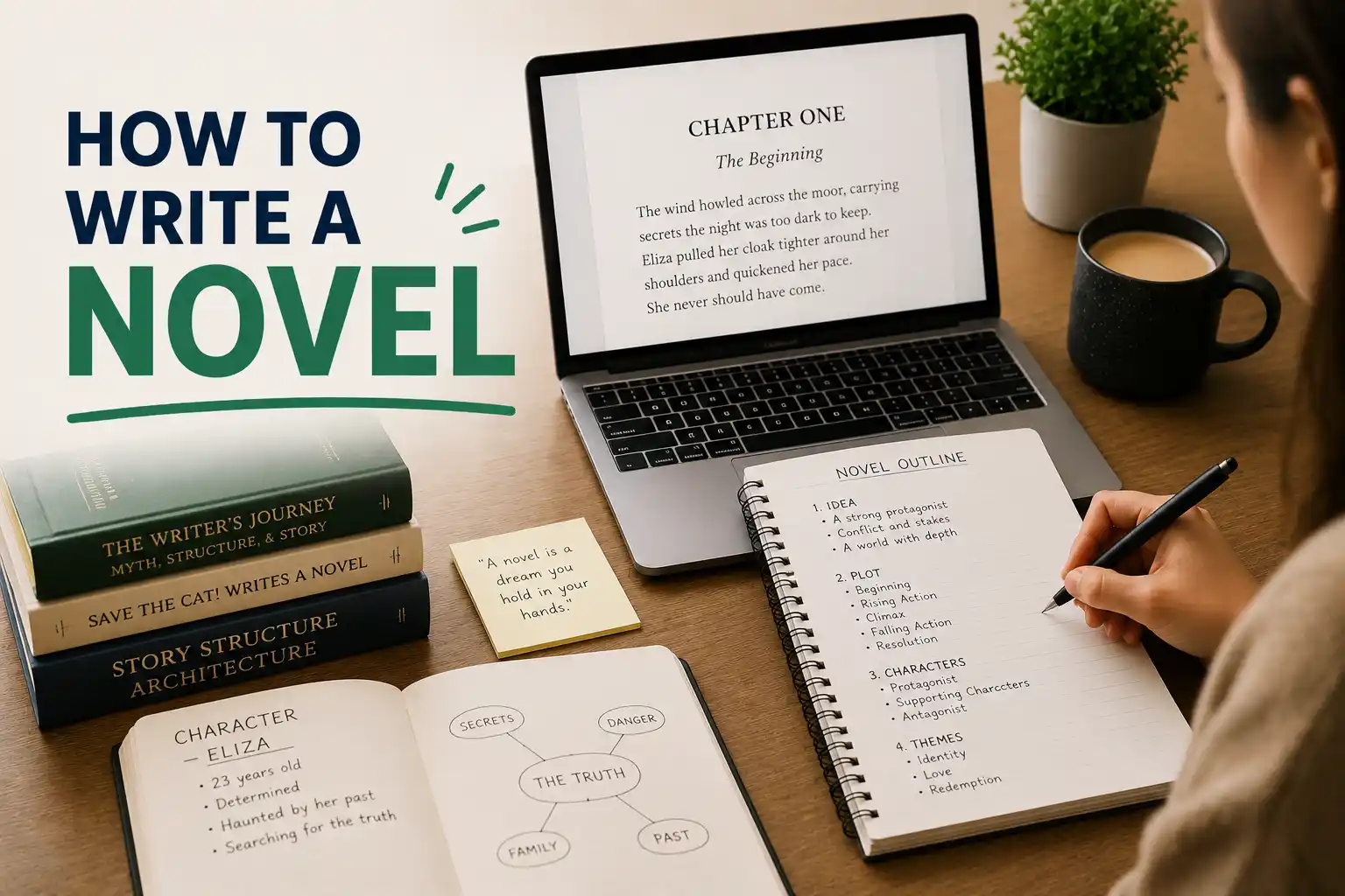 Person writing a novel at a desk with laptop, notebook, and coffee