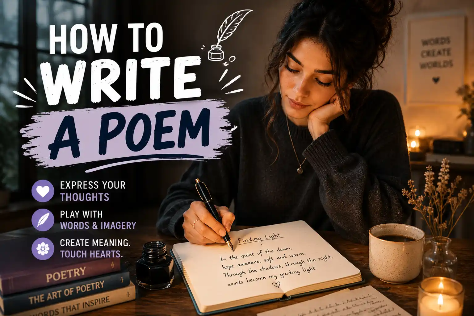 Person writing poetry by hand with a fountain pen
