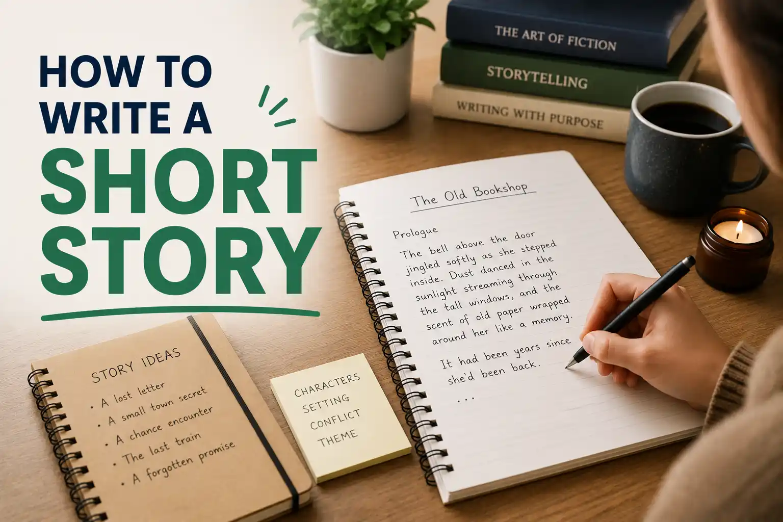 Person writing a short story at a desk with notebook and coffee