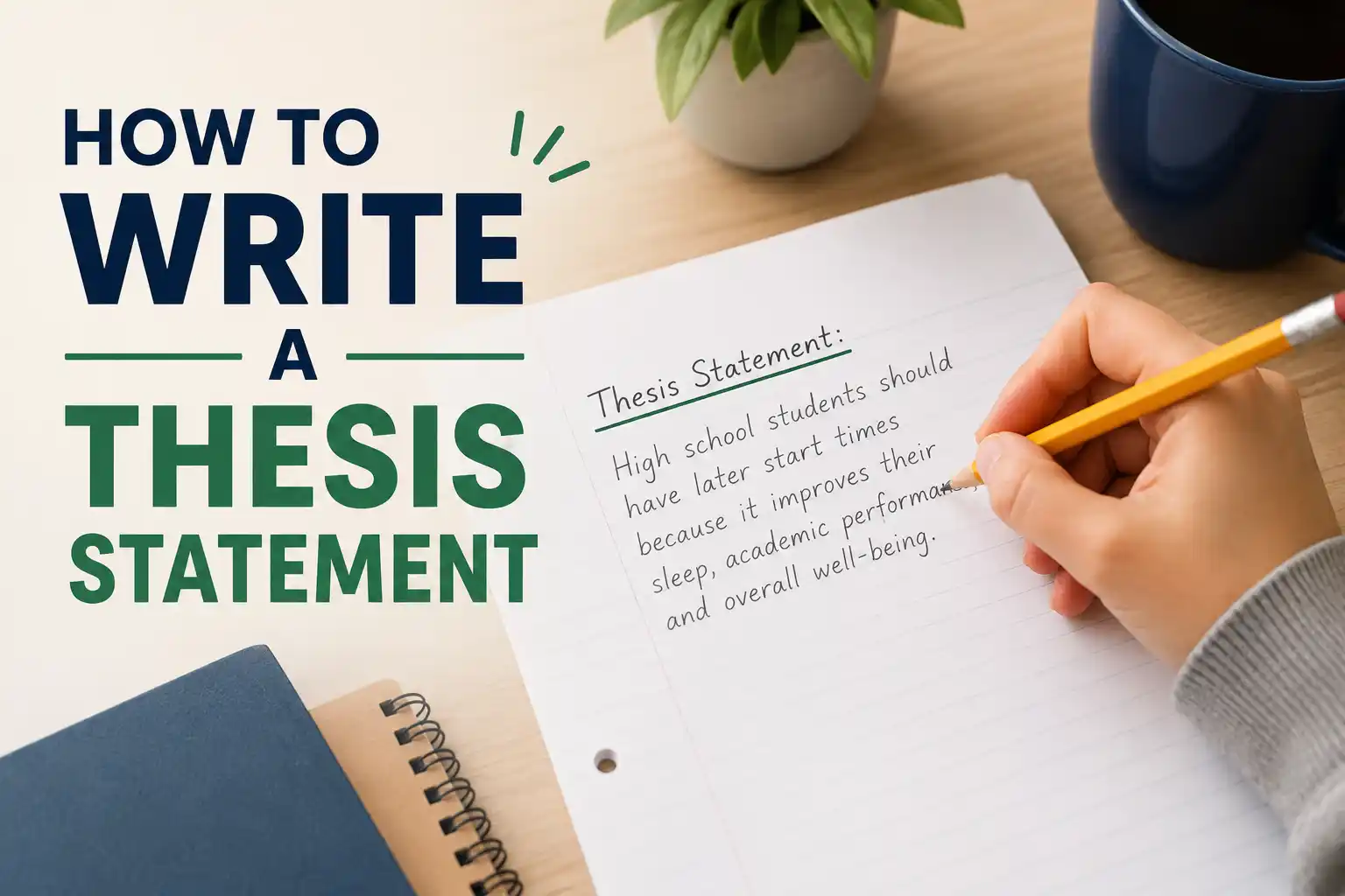 Person writing a thesis statement on paper with pencil