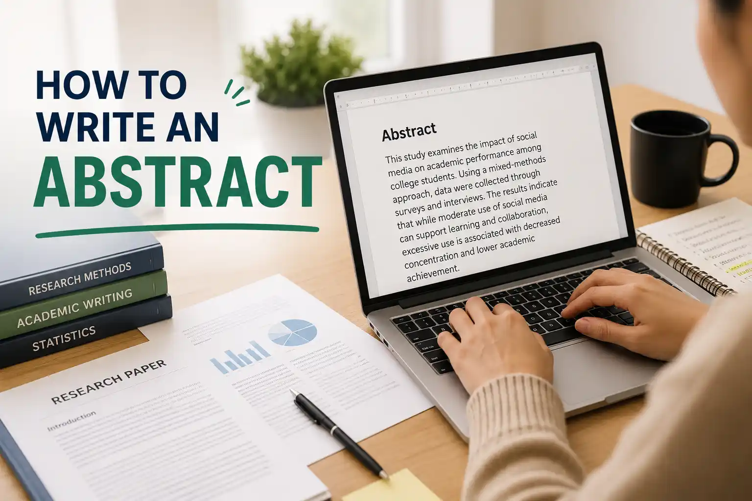 Person writing an abstract on a laptop with research papers nearby