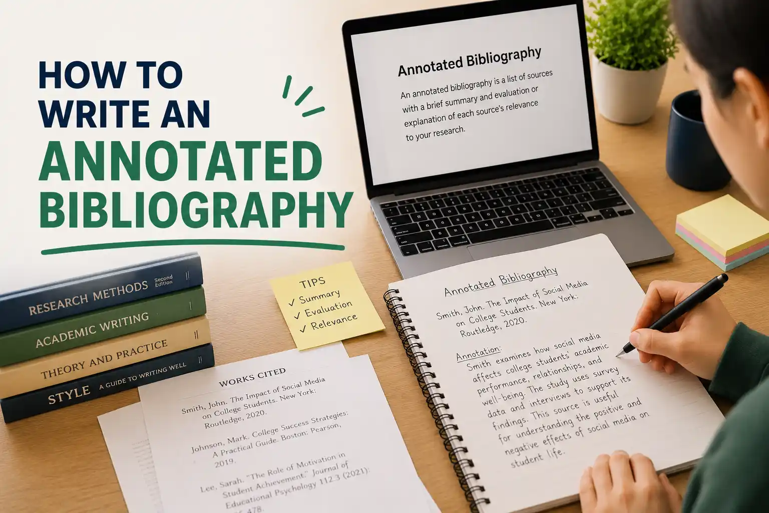 Student writing annotated bibliography with books and citations on desk