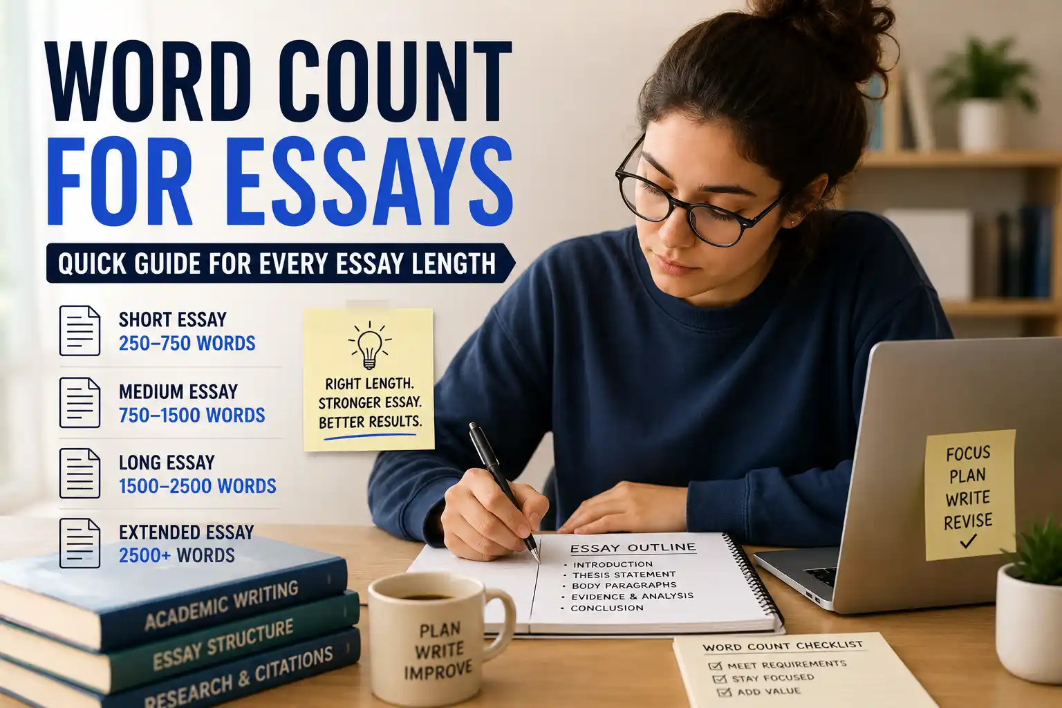 Student writing essay at desk with word count guidelines